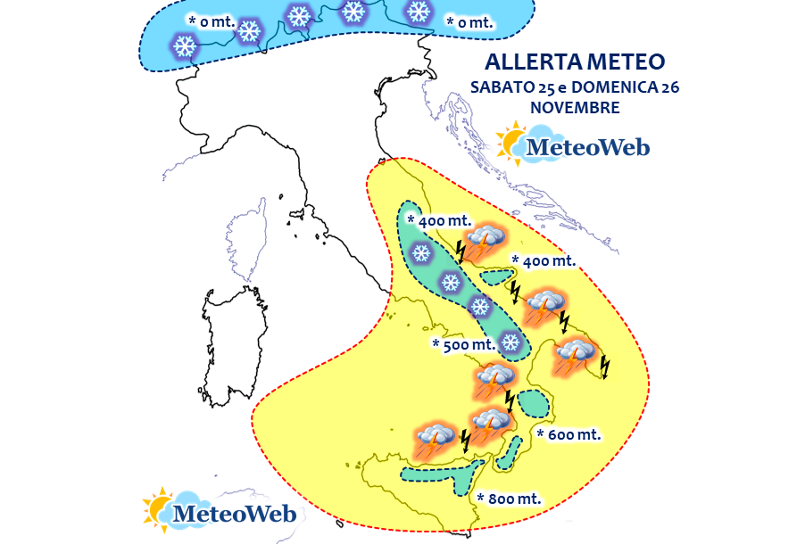 allerta meteo maltempo freddo neve italia weekend 25 26 novembre 2023