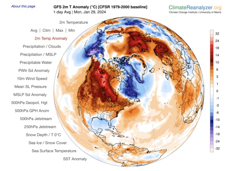 anomalia temperature canada 29 gennaio 2024