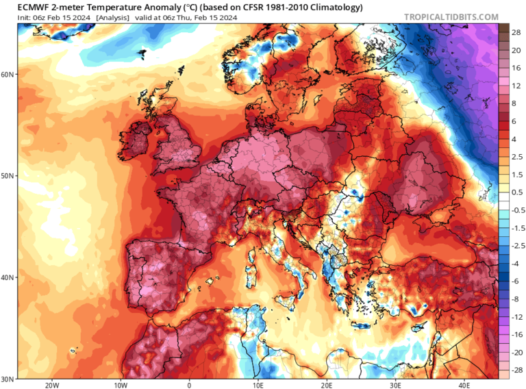 anomalia temperatura europa 15 febbraio 2024