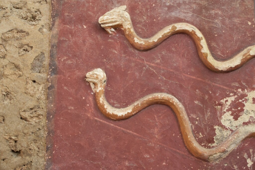 Serpenti agatodemoni in stucco Larario Regio IX