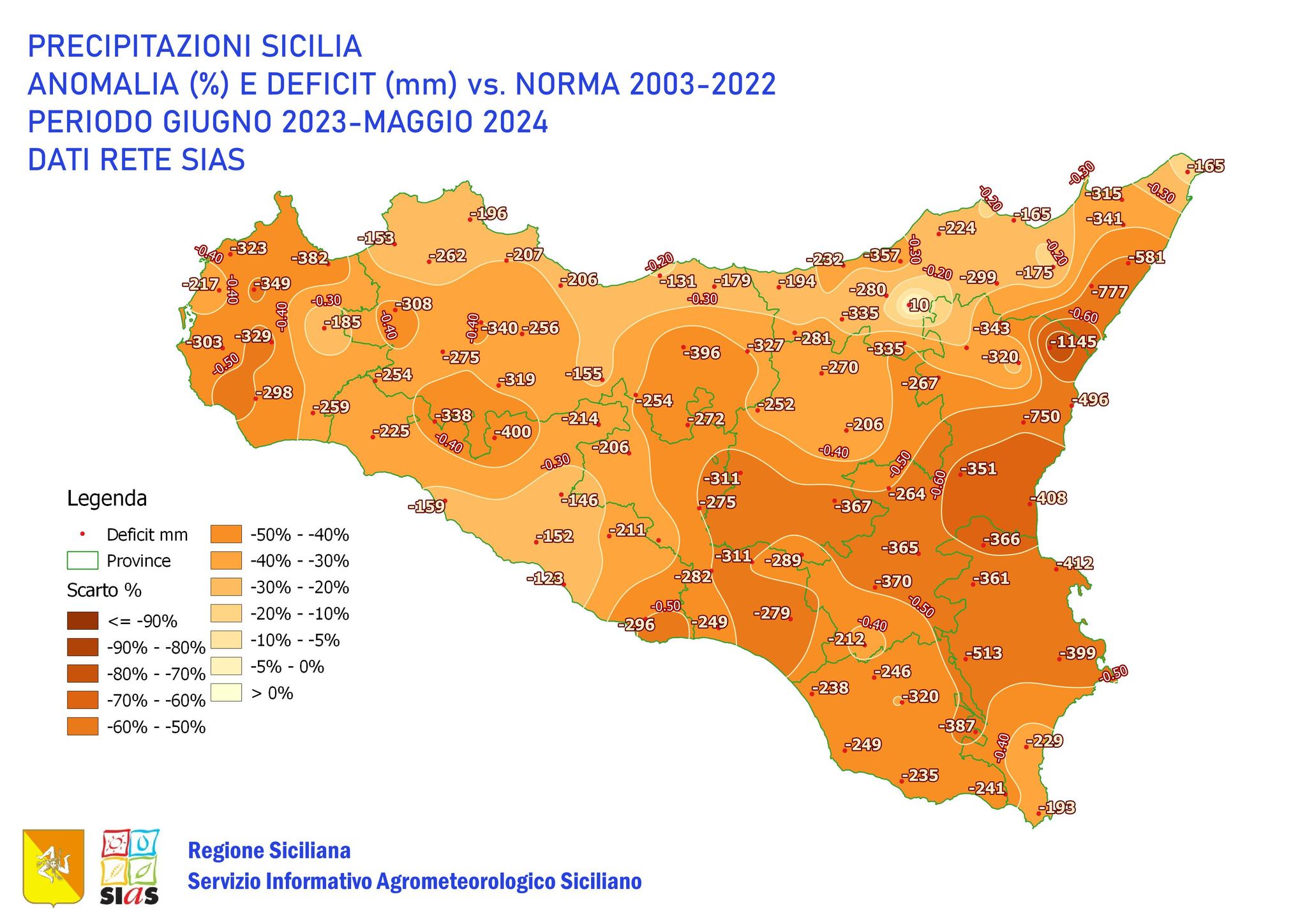 anomalia precipitazioni sicilia giugno 2023-maggio 2024