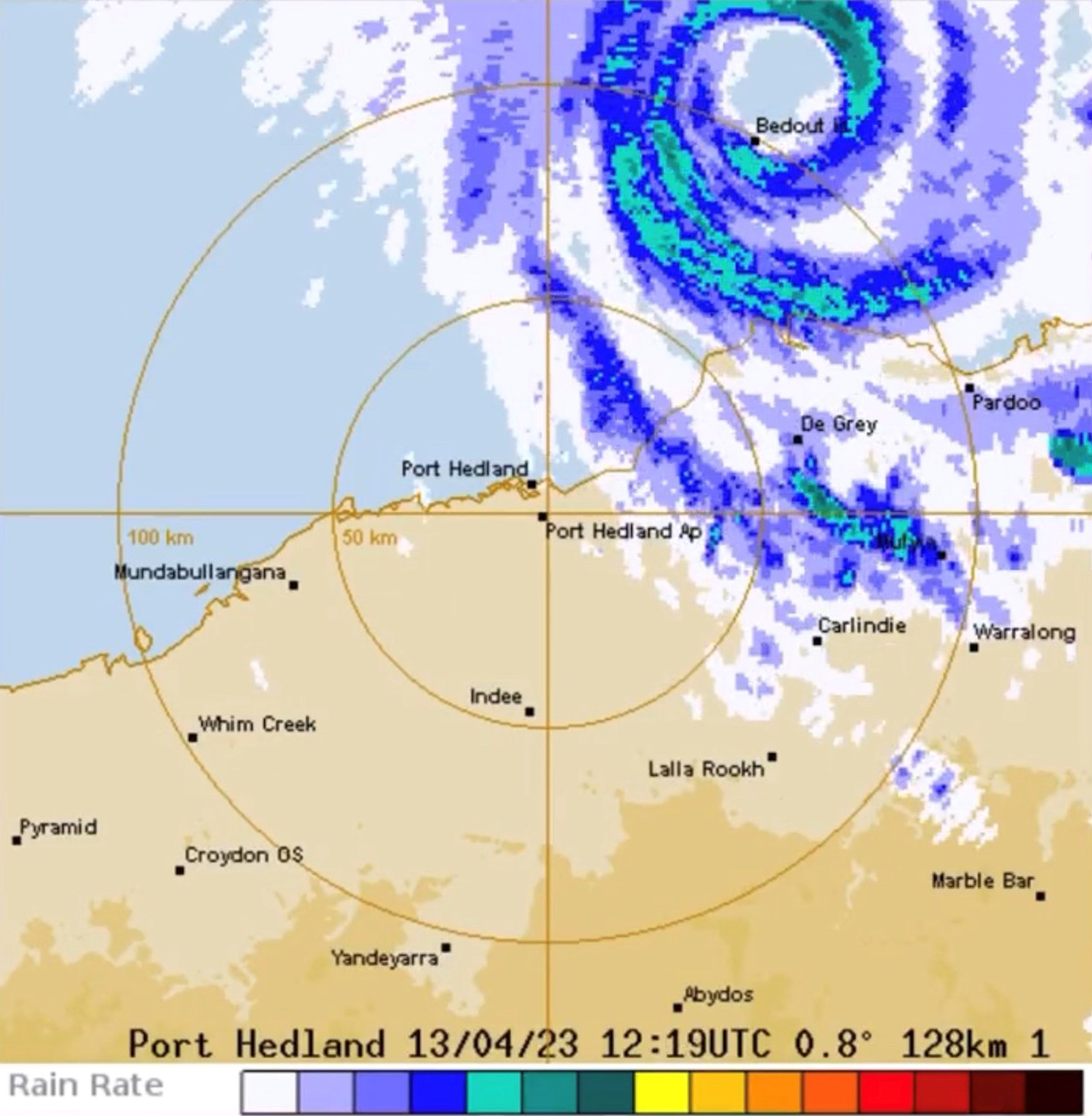 Immagini radar del ciclone Ilsa sull'isola di Bedout il 13 aprile 2023.Credit: Australian Bureau of Meteorology.