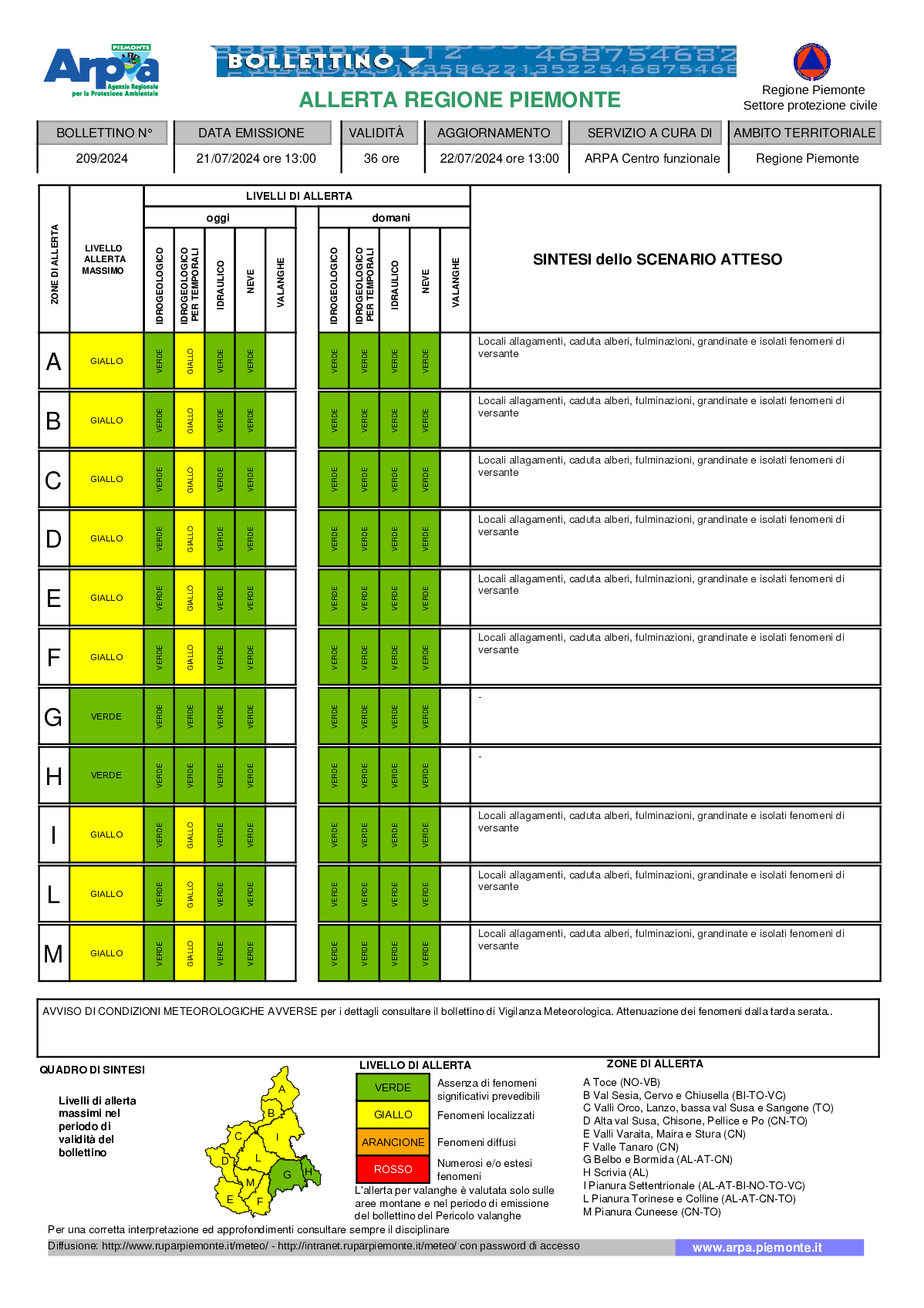 allerta meteo piemonte 21 luglio 2024