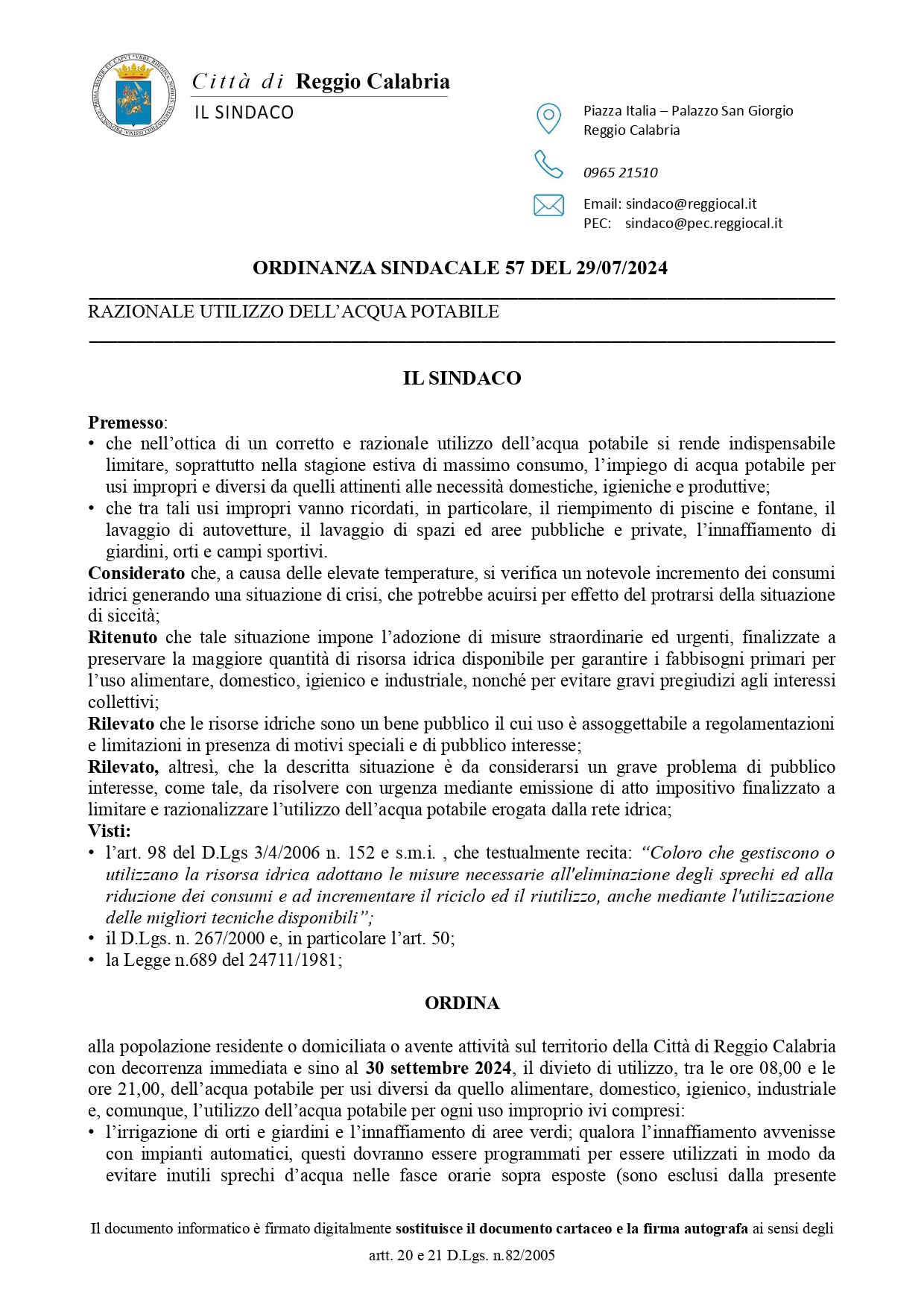 ordinanza siccità acqua reggio calabria