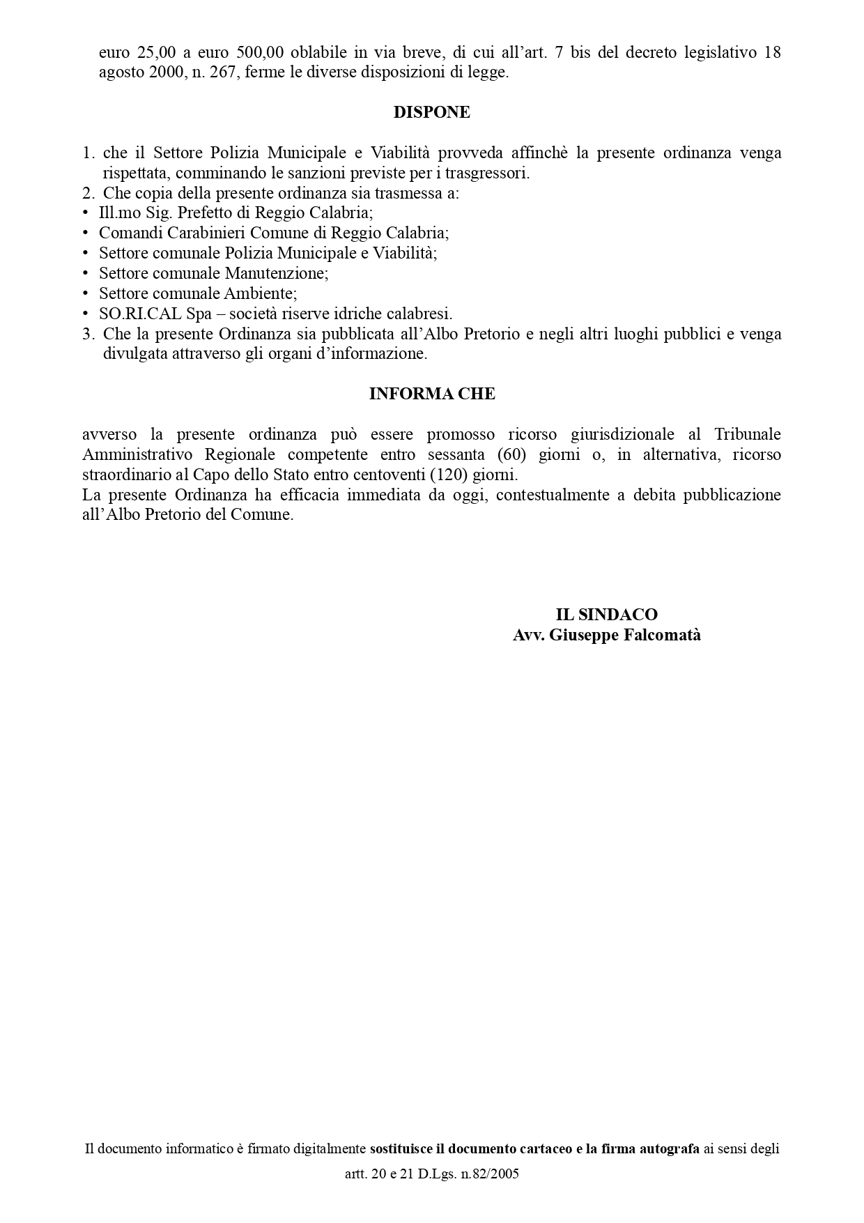 ordinanza siccità acqua reggio calabria