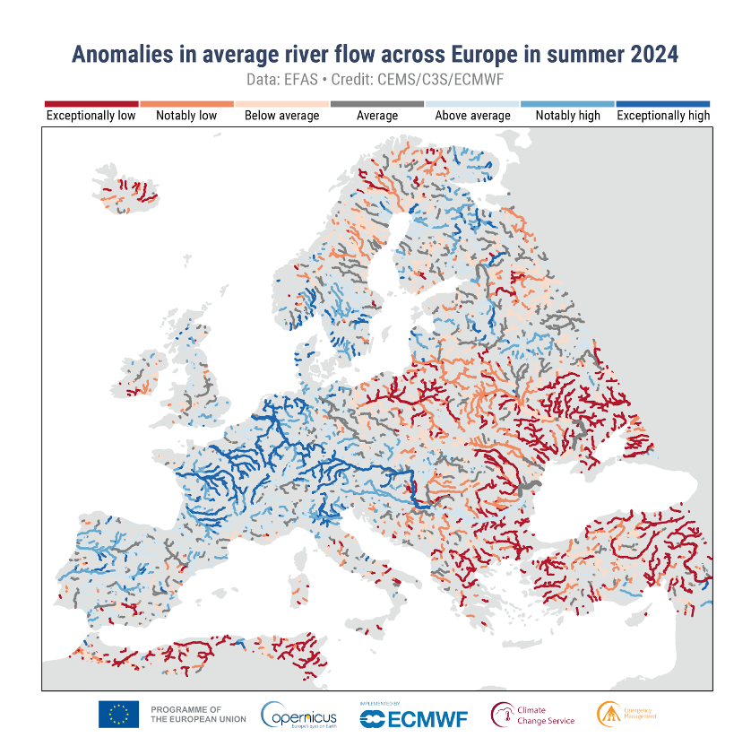 anomalia portate fiumi europa estate 2024