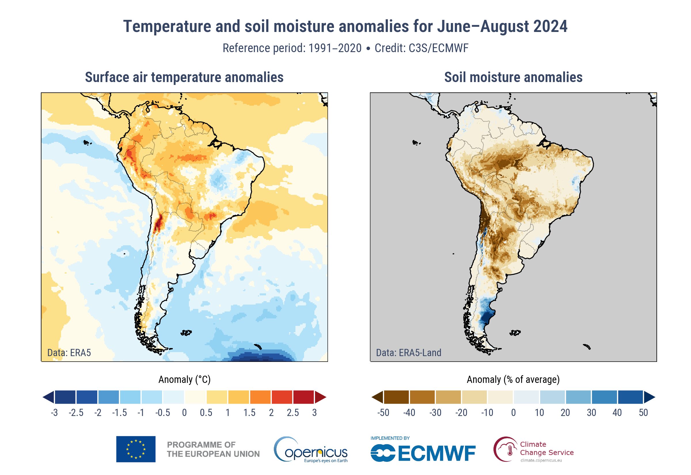 anomalie temperatura e umidità suolo sud america giugno-agosto 2024