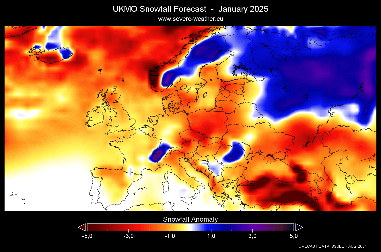 πρόβλεψη ανωμαλίας χιονόπτωσης στην Ευρώπη Ιανουάριος 2025