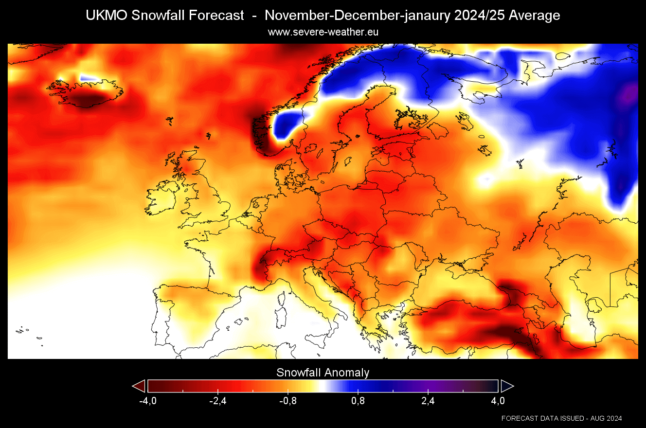 πρόβλεψη ανωμαλίας χιονόπτωσης στην Ευρώπη χειμώνα 2024-2025