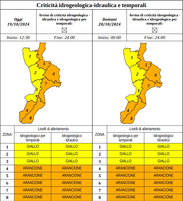 allerta meteo calabria 20 ottobre 2024