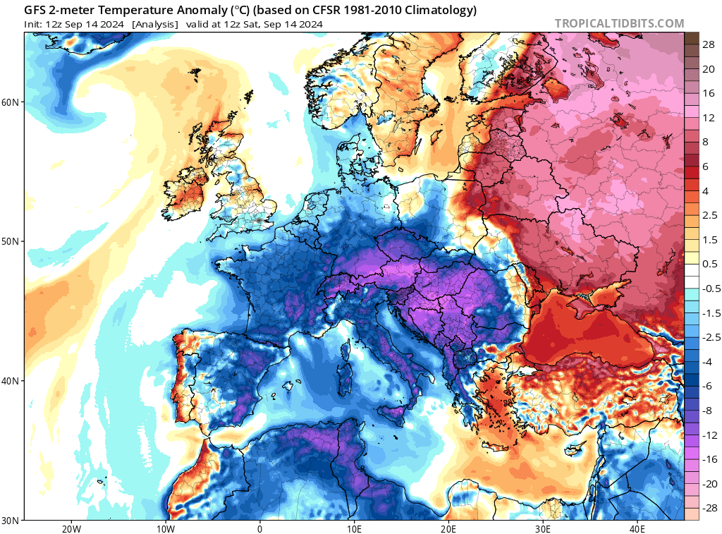 anomalia temperatura europa 14 settembre 2024