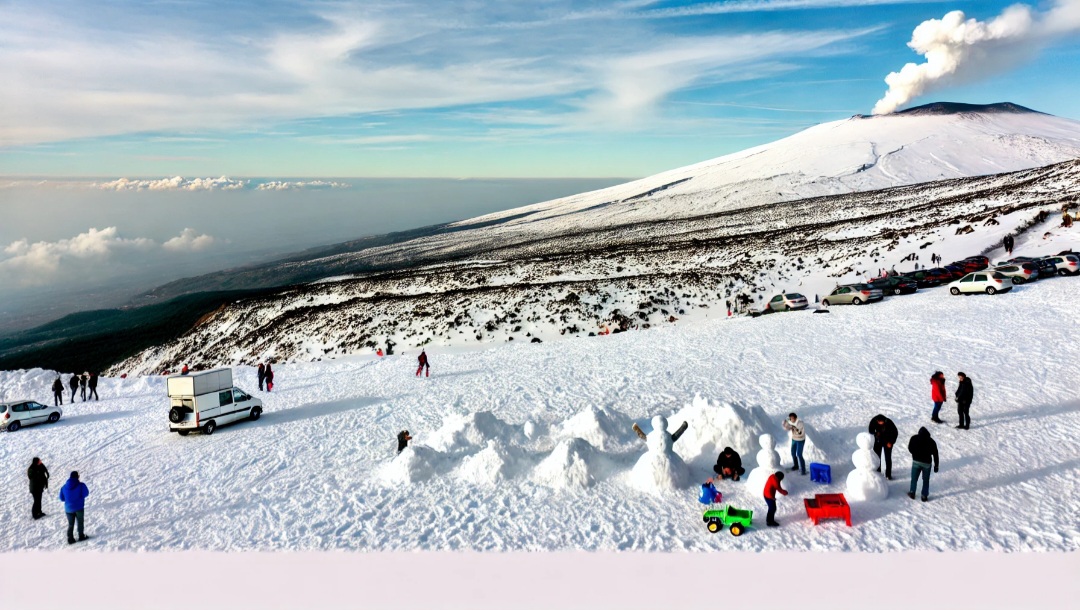 Torna la neve sull’Etna: uno spettacolo unico, visitatori in visibilio