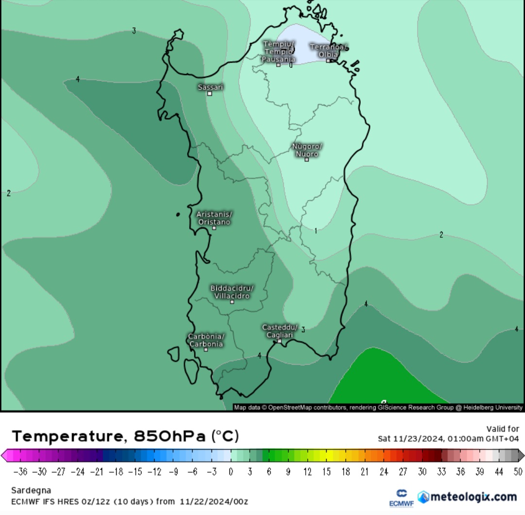 Temperature minime Sardegna 22 novembre