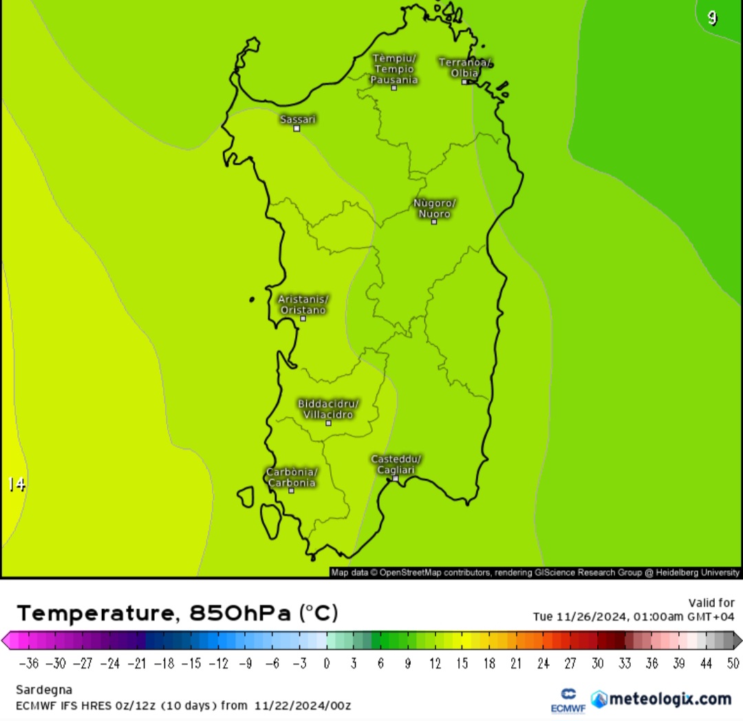 Temperature minime Sardegna prossima settimana