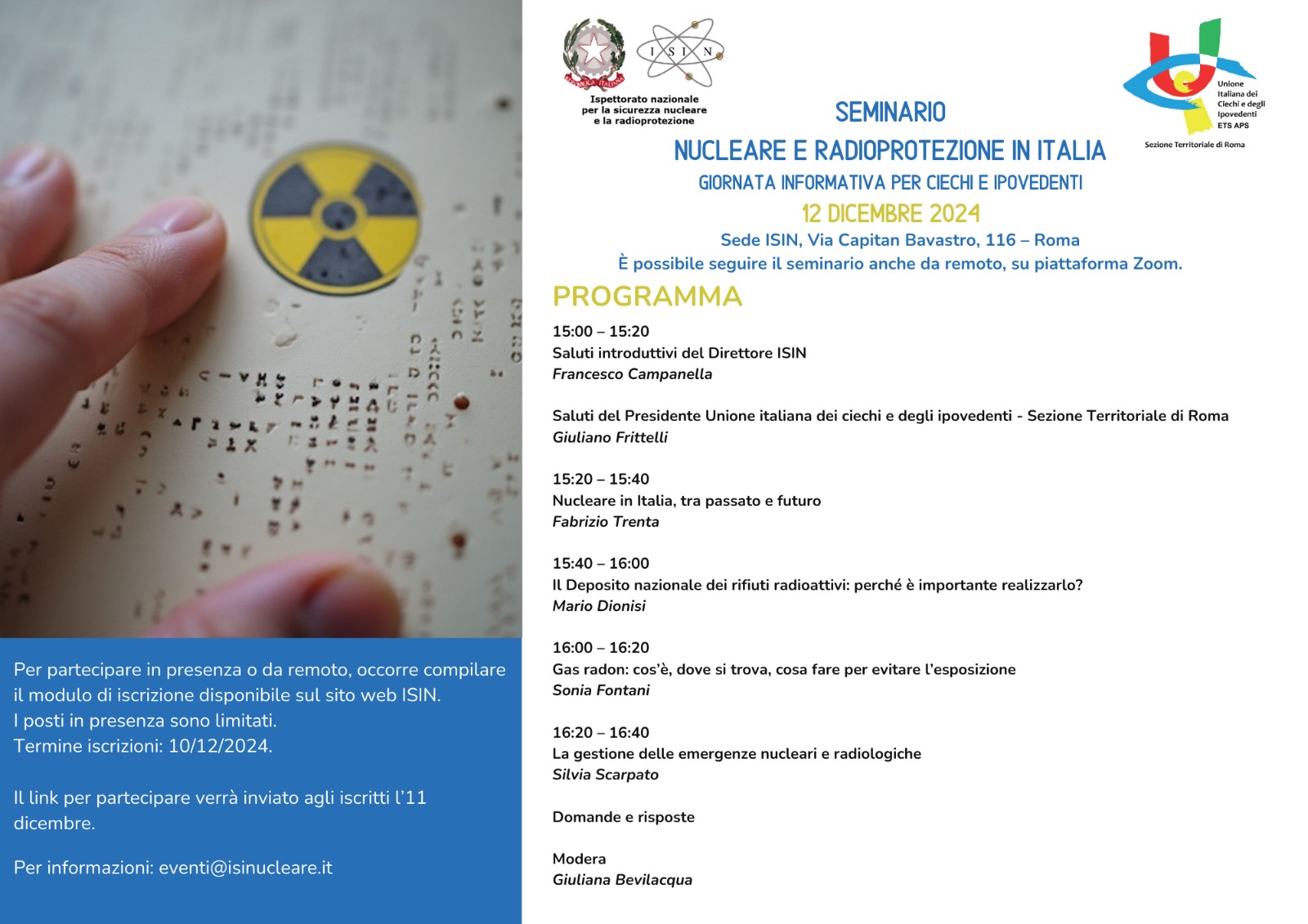 Locandina seminario ISIN per ciechi e ipovedenti