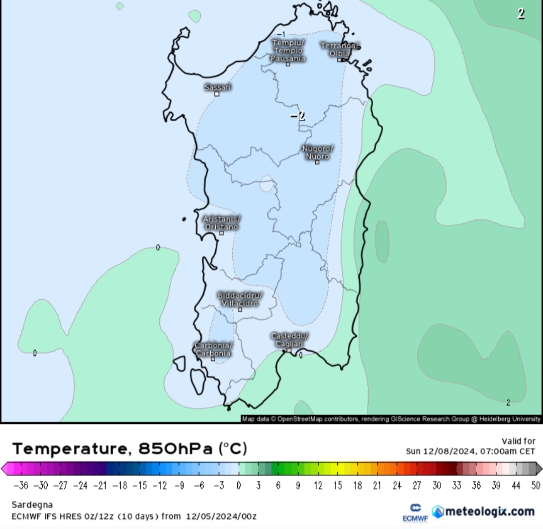 Temperature ad 850 hPa in Sardegna per l'Immacolata