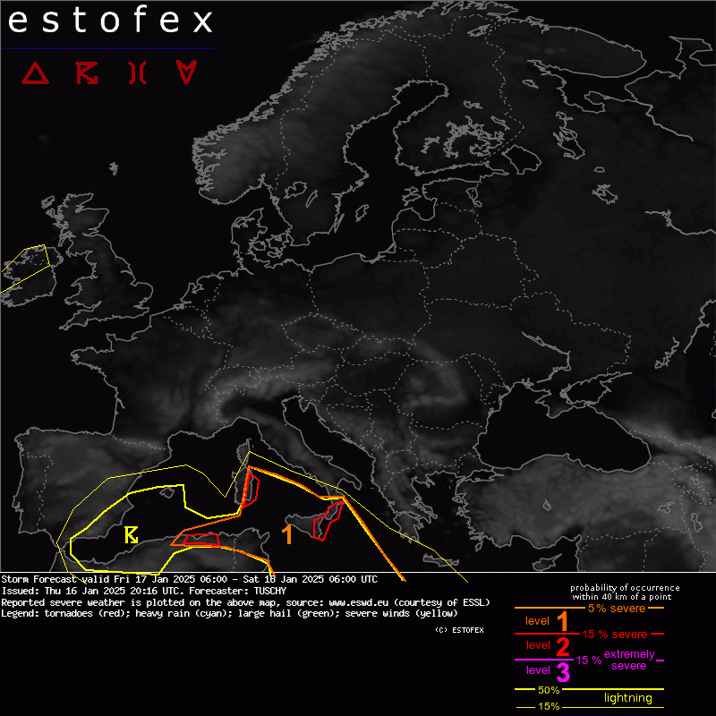 allerta meteo estofex calabria sicilia sardegna oggi 17 gennaio