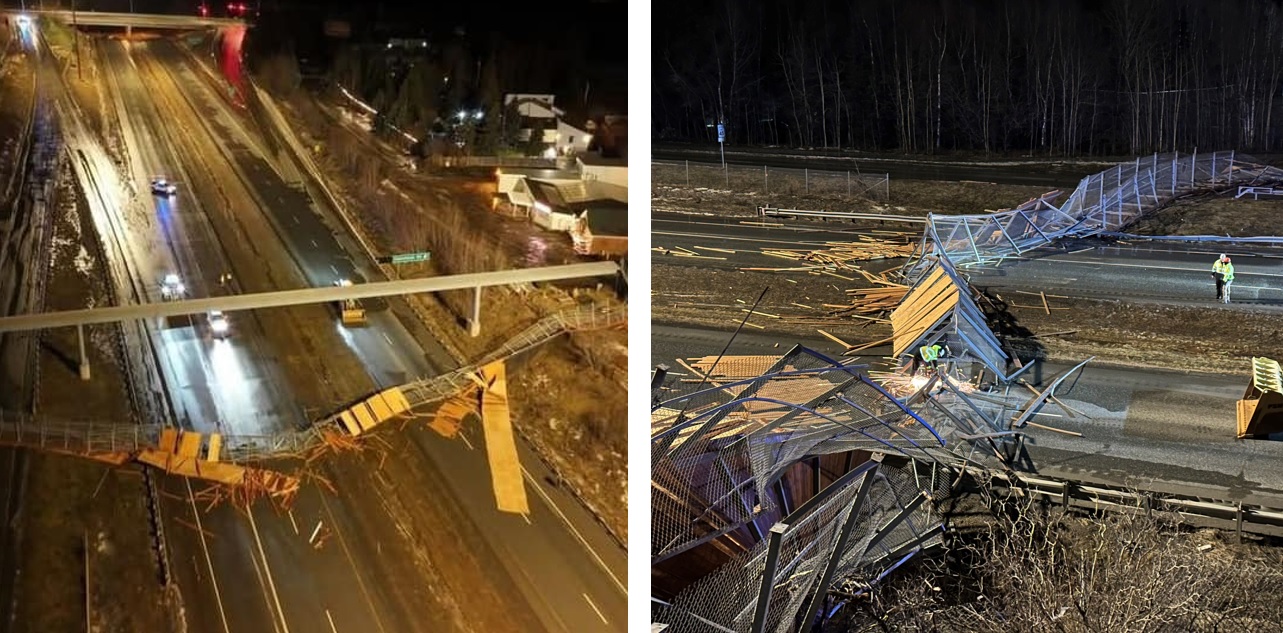 Il vento abbatte passerella pedonale a Sud di Anchorage: disagi e strade chiuse