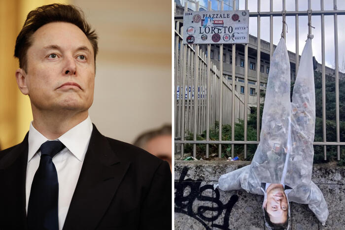 Un fantoccio di Elon Musk appeso a testa in giù a Piazzale Loreto | FOTO