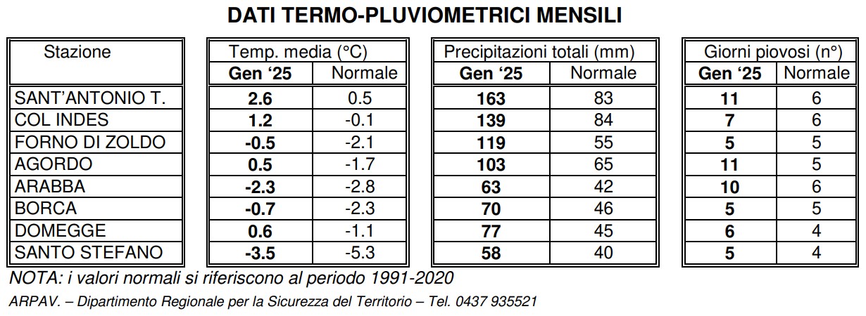 temperature piogge belluno gennaio 2025
