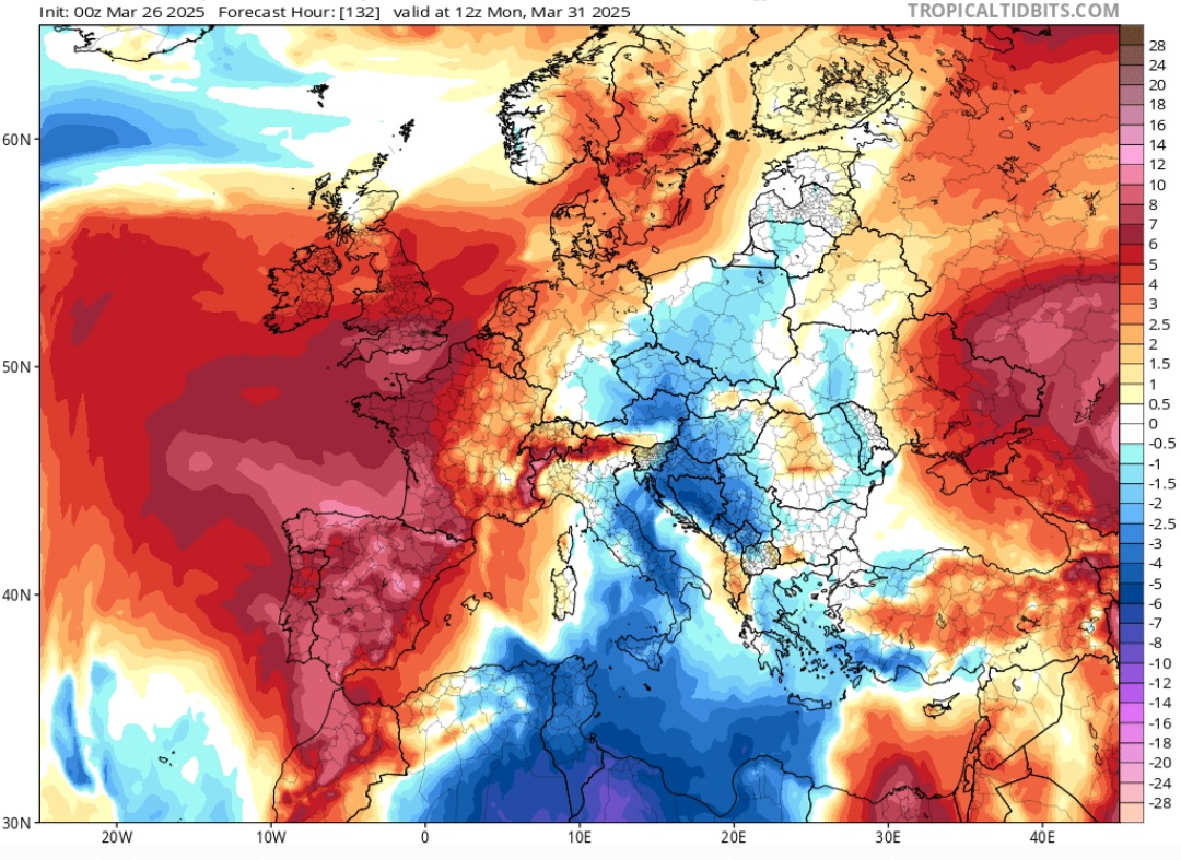 Anomalie di temperatura fine marzo