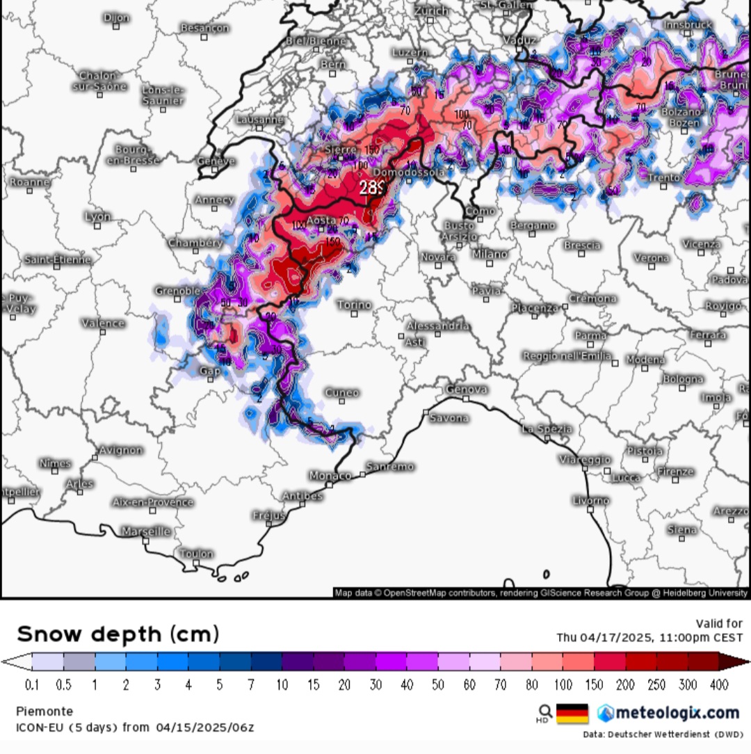 Accumuli di neve previsti sul Nord Ovest