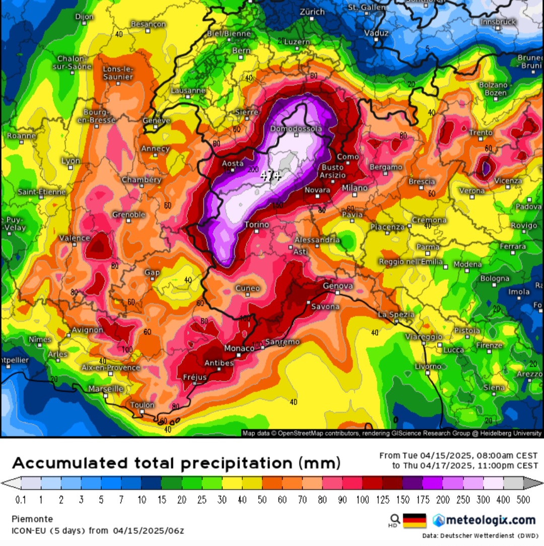Accumuli pluviometrici previsti sul Nord ovest