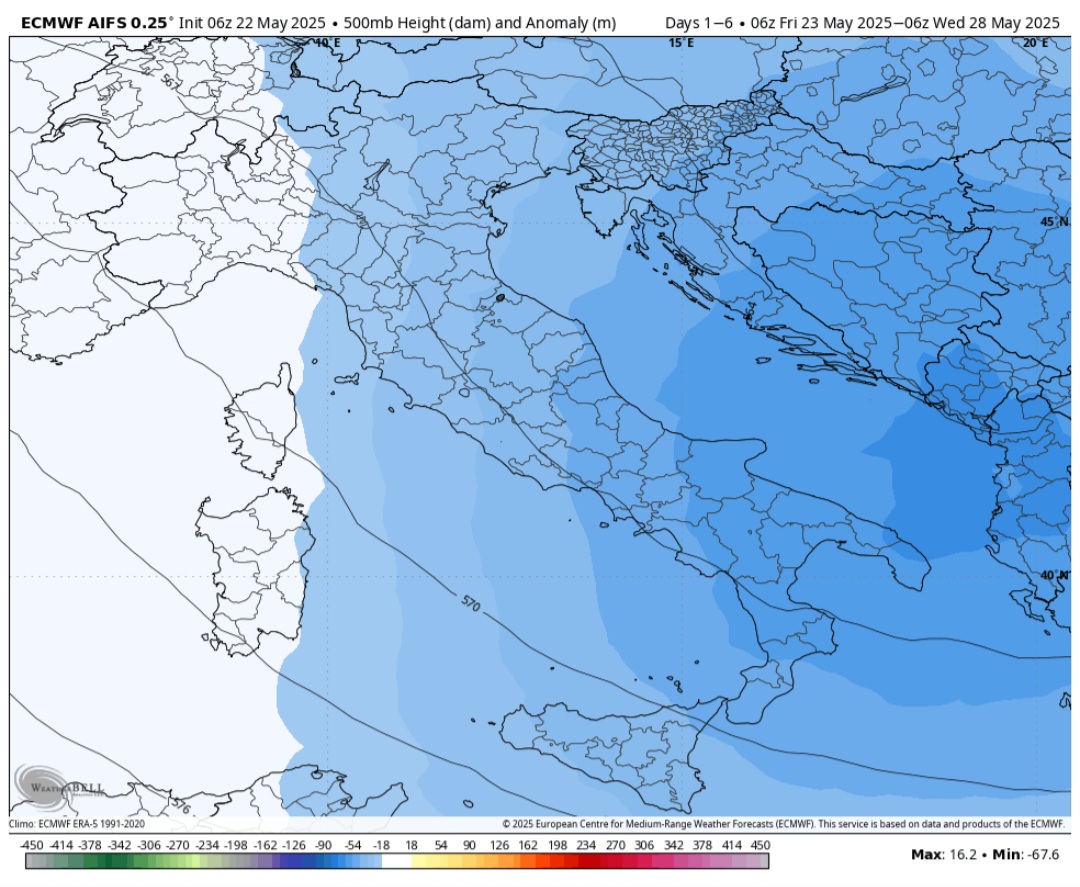 Anomalie geopotenziali 500 hPa 24 maggio