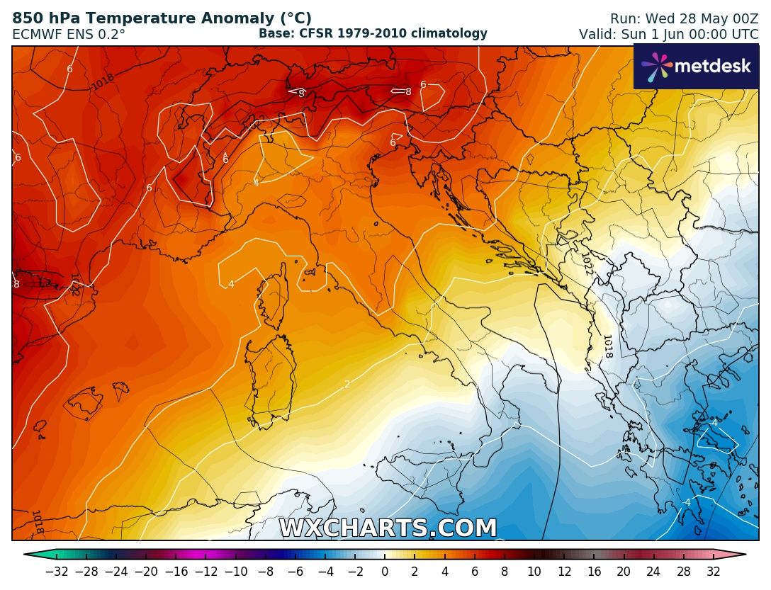 Anomalie temperatura 850 hPa 1° giugno
