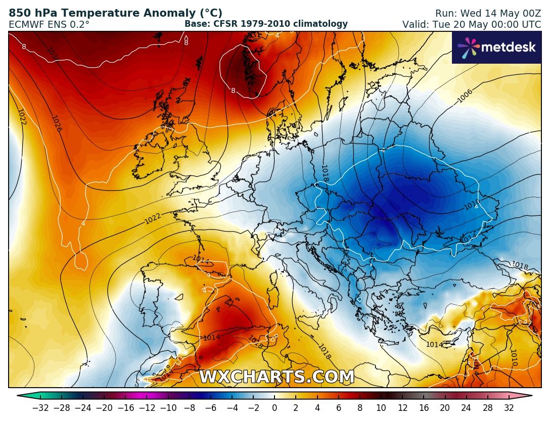 Anomalie temperatura ad 850 hPa 20 maggio 