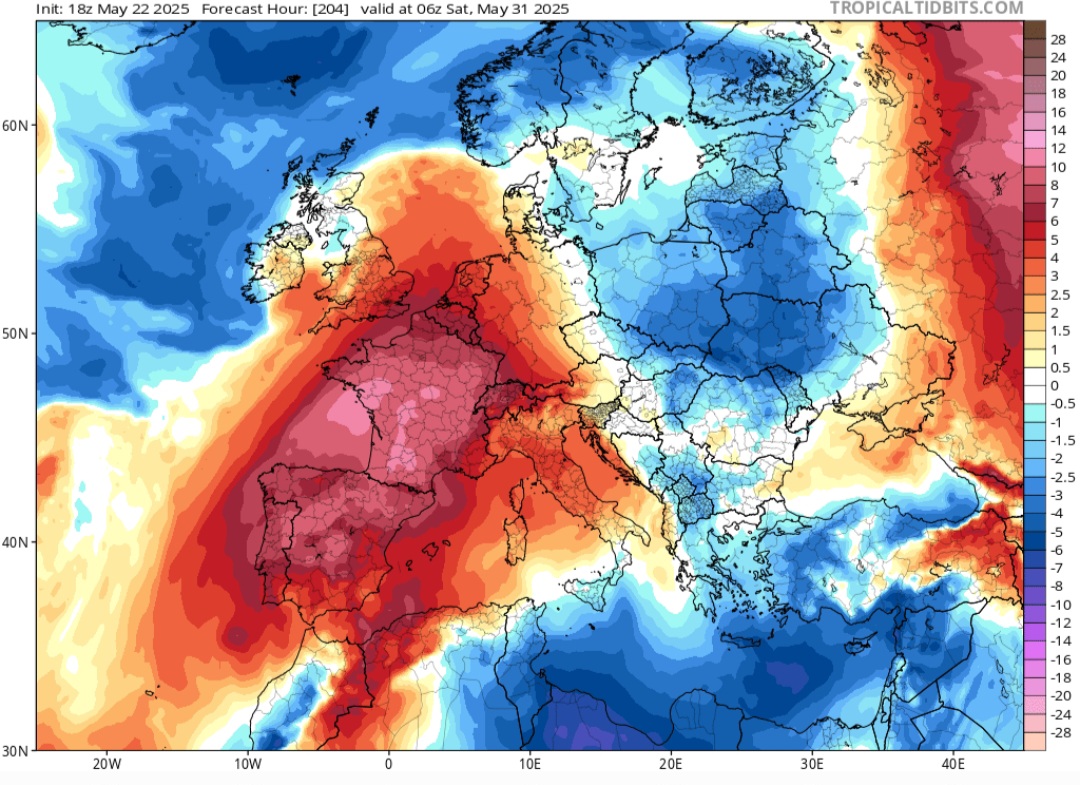 Anomalie temperatura 850 hPa fine maggio