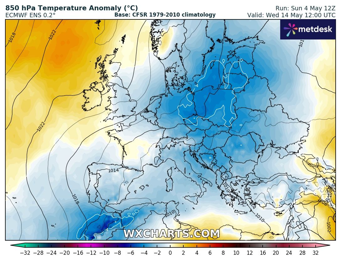 Anomalie temperatura 850 hPa maggio