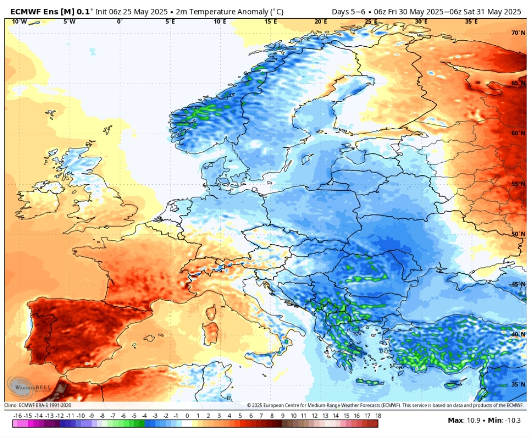 Anomalie temperature 2 metri 31 maggio ECMWF