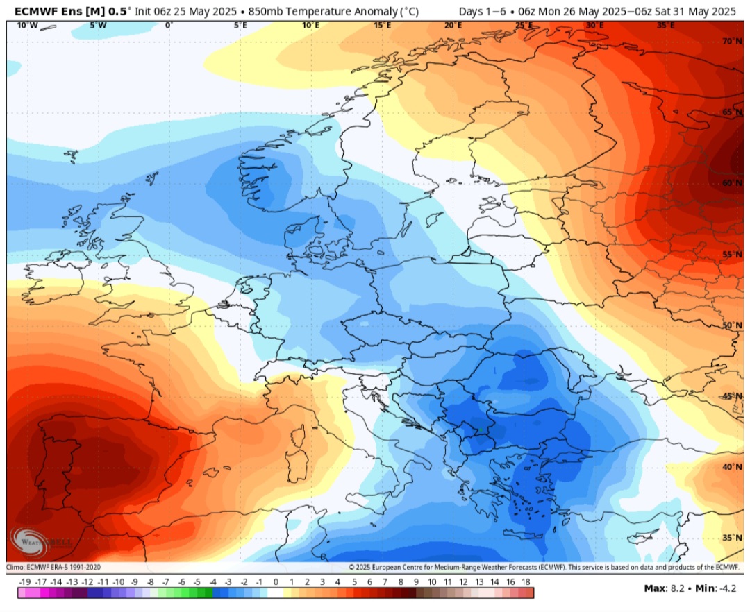 Anomalie termiche 850 hPa 31 maggio ECMWF
