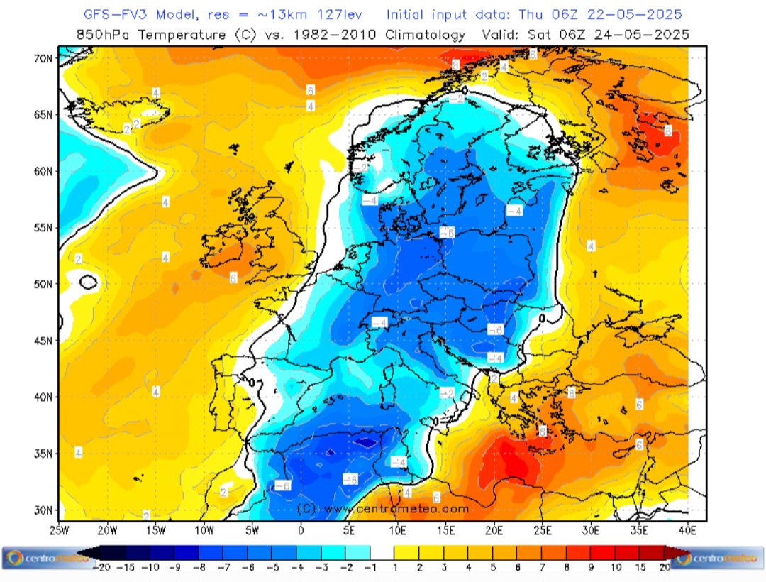 Anomalie temperatura 850 hPa weekend