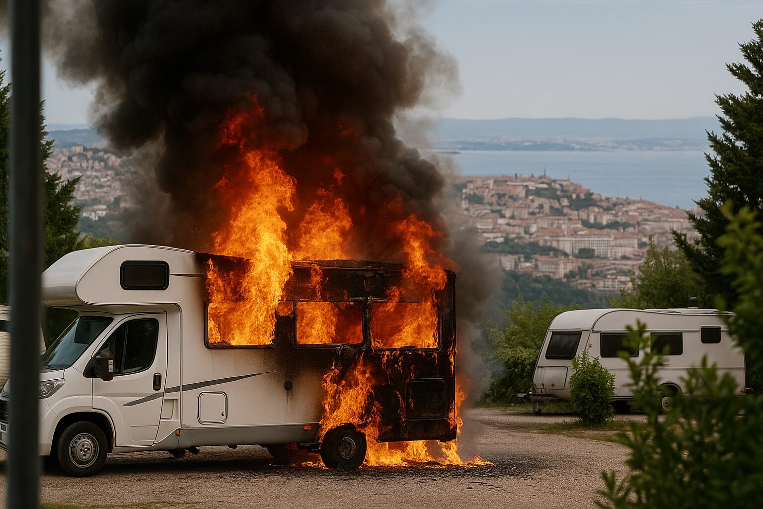 Trieste, camper in fiamme al campeggio Obelisco: boati e fumo visibile in città
