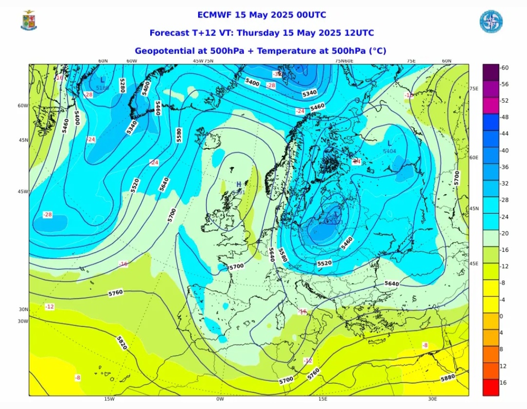 Mappa quota 500 hPa Europa 15 maggio