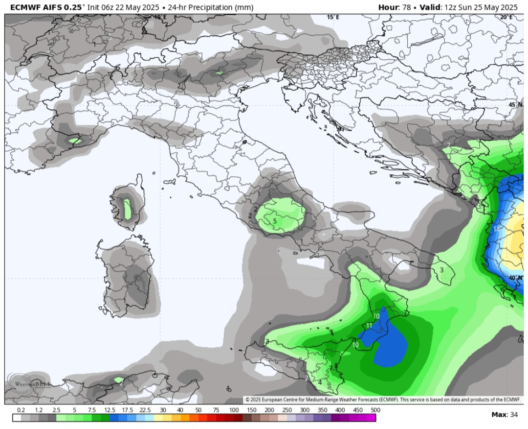 Precipitazioni 24 ore domenica 25 maggio