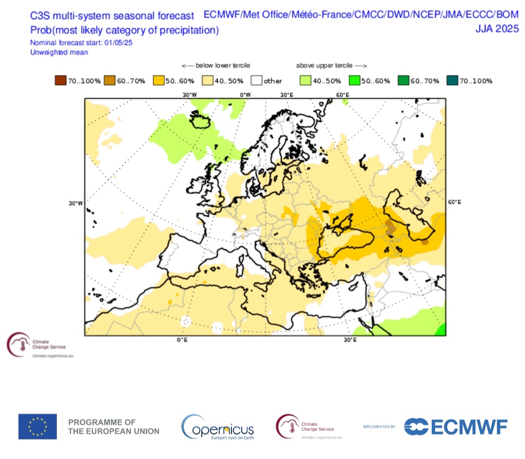 Probabilità precipitazioni estate 2025 Copernicus 