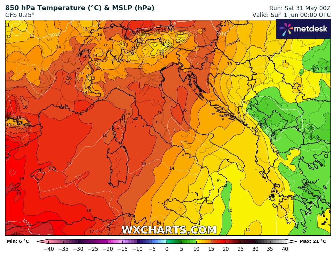 Temperature ad 850 hPa 1°giugno