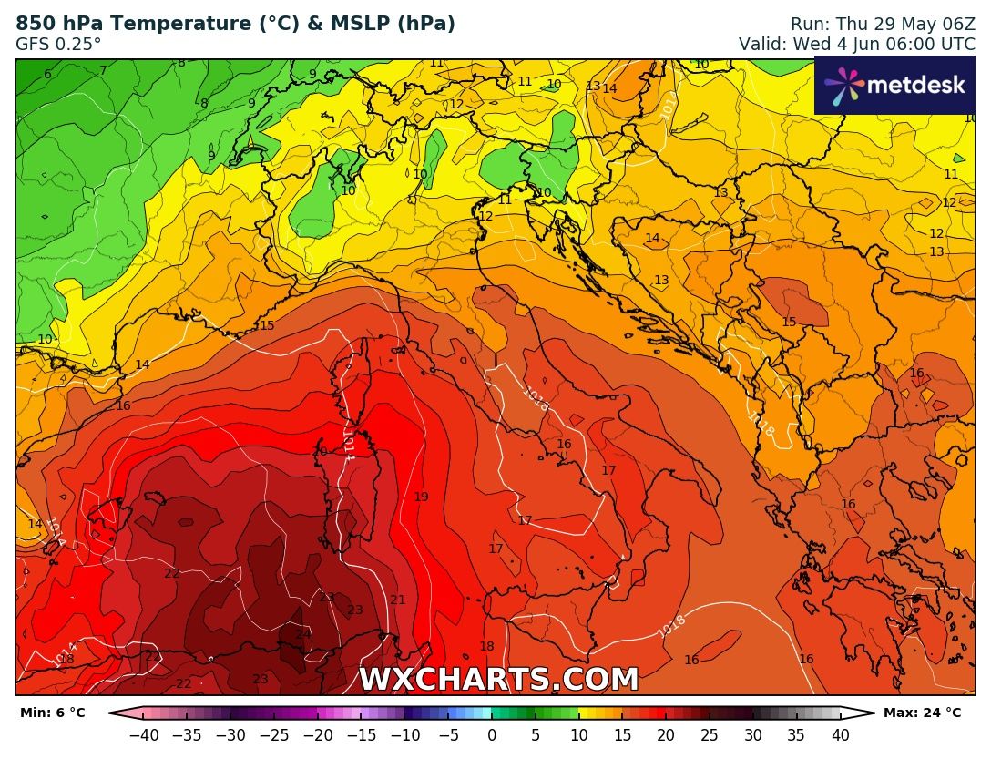 Temperature 850 hpa Italia 4 giugno