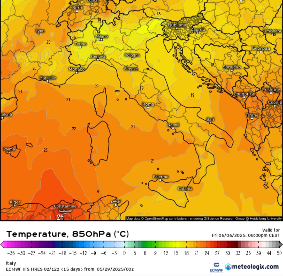 Temperature 850 hPa Sardegna 6 giugno