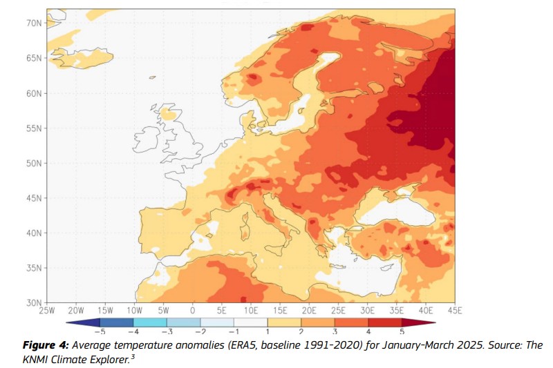 anomalia temperatura europa gennaio-marzo 2025