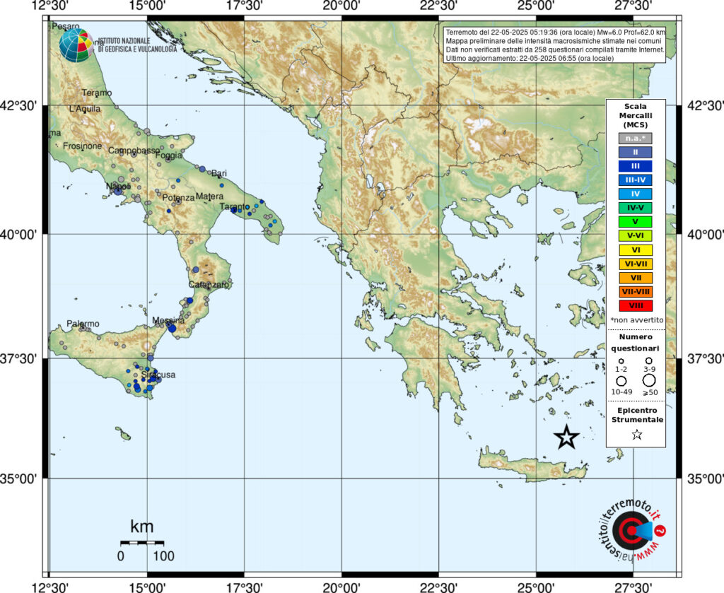 terremoto grecia oggi sud italia creta sicilia campania calabria puglia
