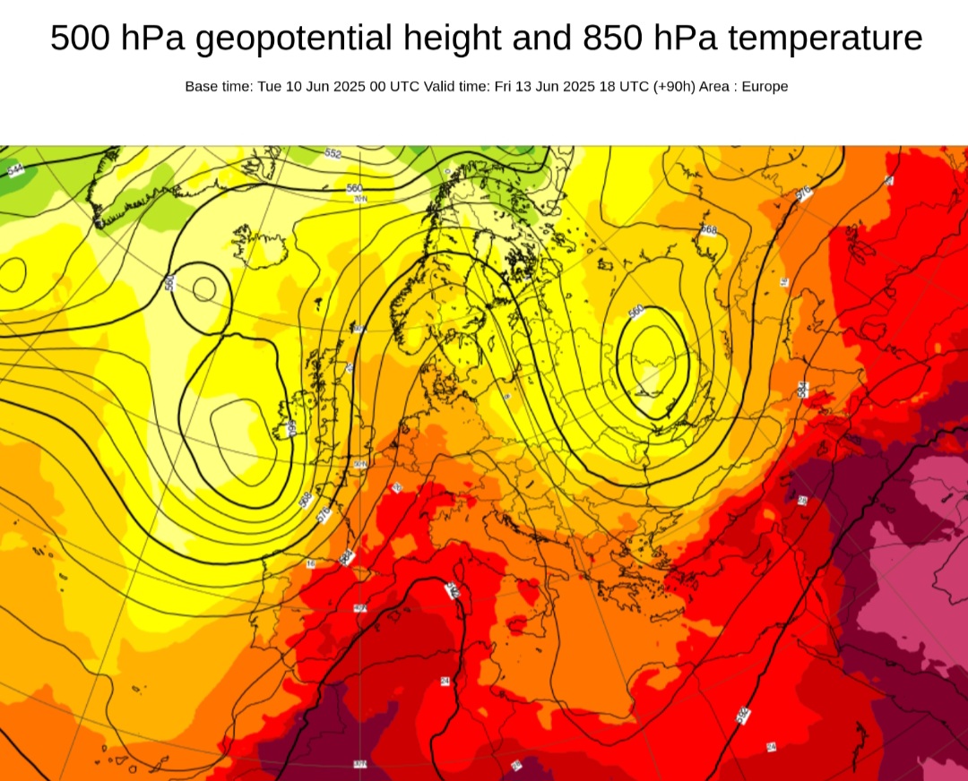 Anomalie geopotenziali 500 hPa ECMWF 13 giugno 
