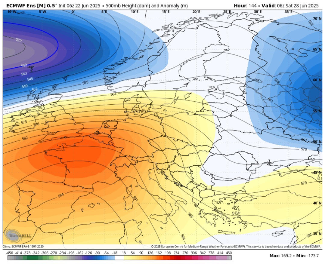 Anomalie geopotenziali 500 hPa 28 giugno