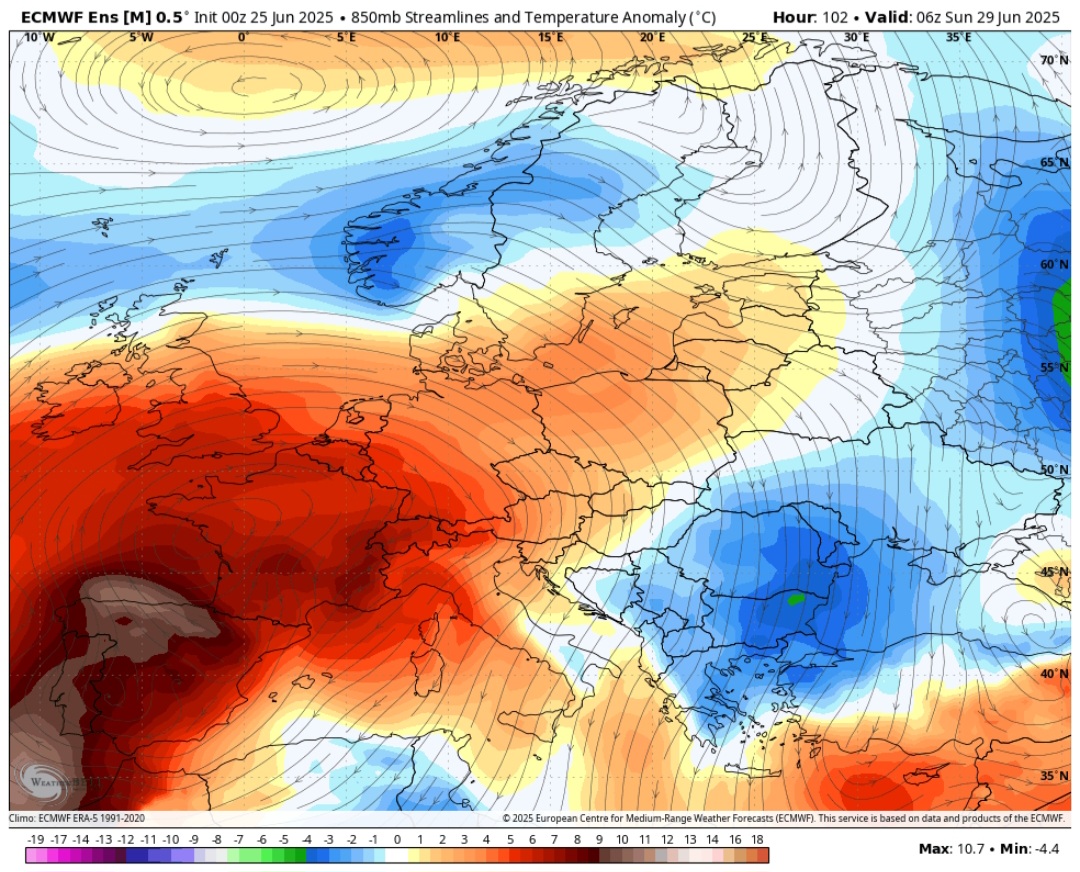 Anomalie geopotenziali 500 hPa 29 giugno