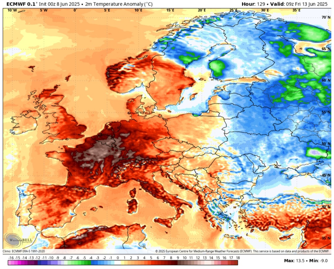 Anomalie termiche a 2 metri 13 giugno