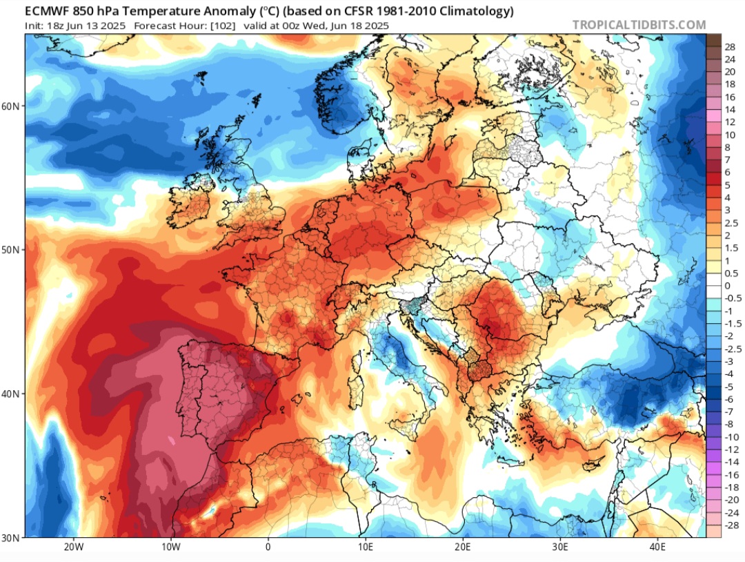 Anomalie temperatura 850 hPa 18 giugno