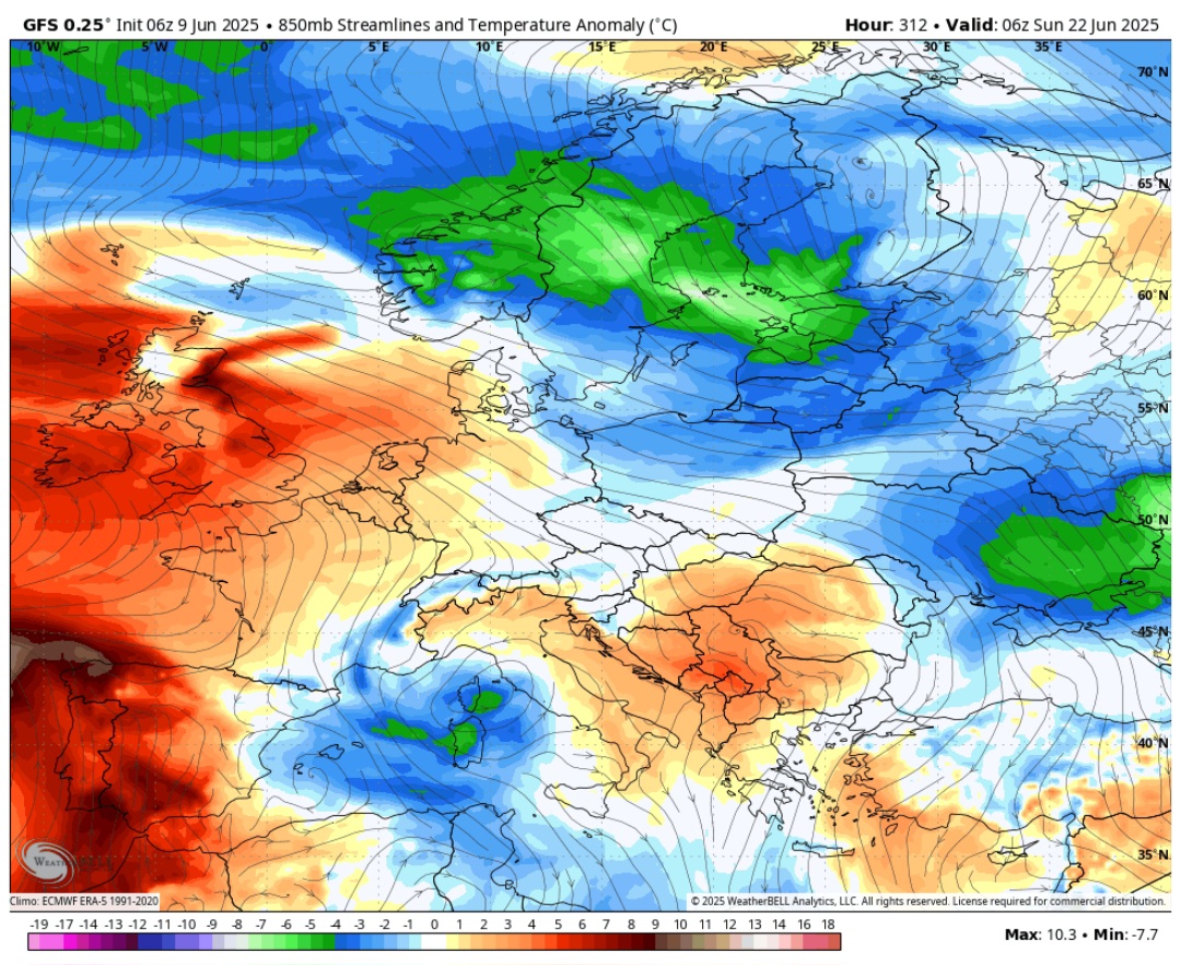 Anomalie temperatura 850 hpa 22 giugno